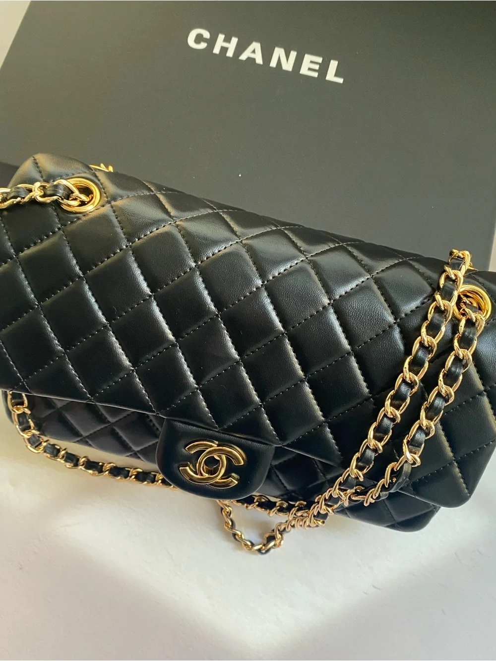 Chanel Quilted Lambskin Classic Flap Crossbody Bag in Black with Gold Hardware